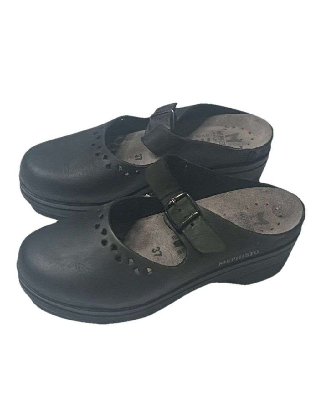 Mephisto Black Leather Clog Mary Janes Mules Sz 37 / 6.5 Comfort Adjust. Strap